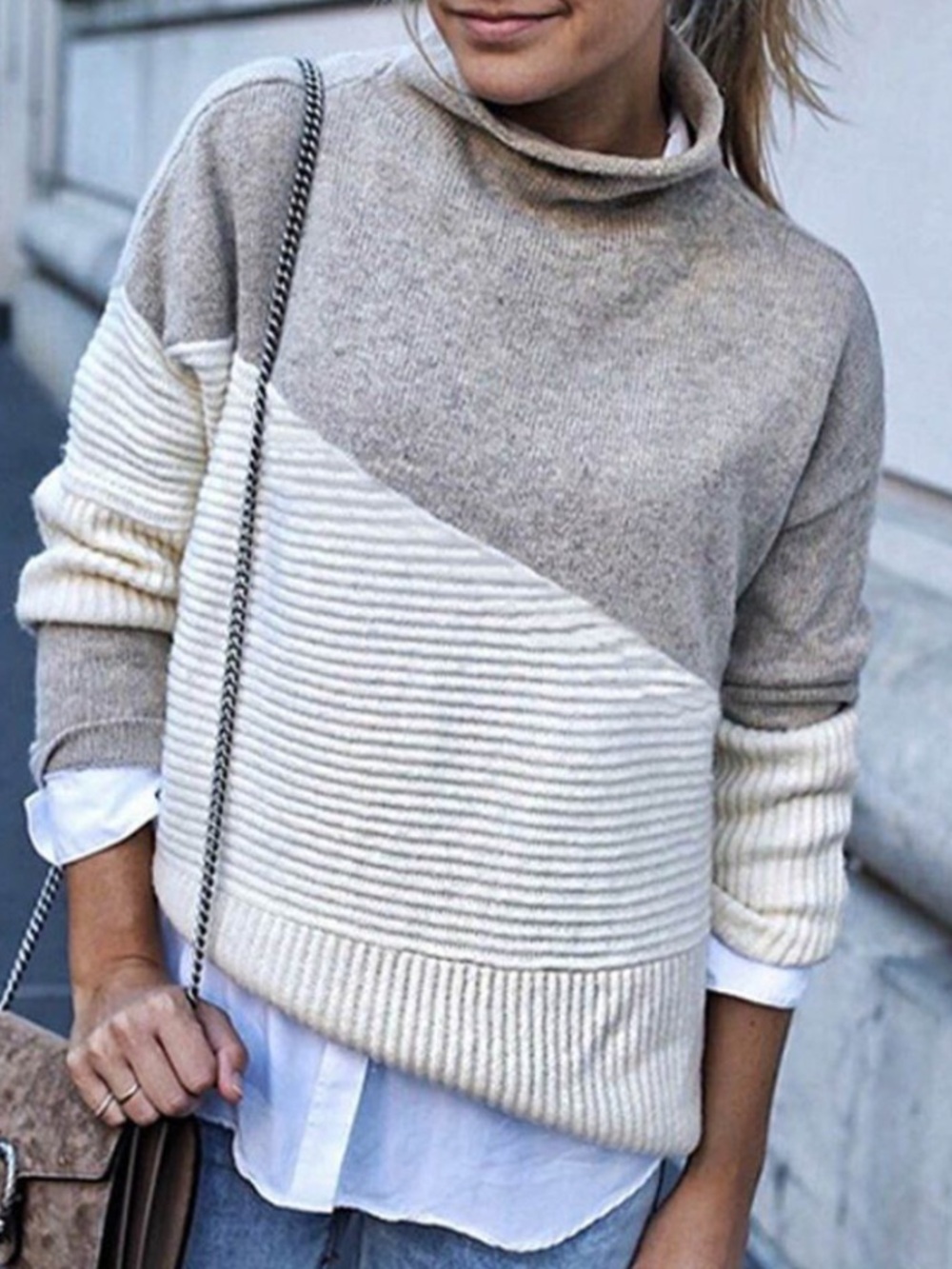 French Connection Taupe and Cream Diagonal Ribbed Turtleneck Sweater